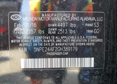 2016 Hyundai Sonata Se z USA, uszkodzony, nr VIN 5NPE24AF2GH389179